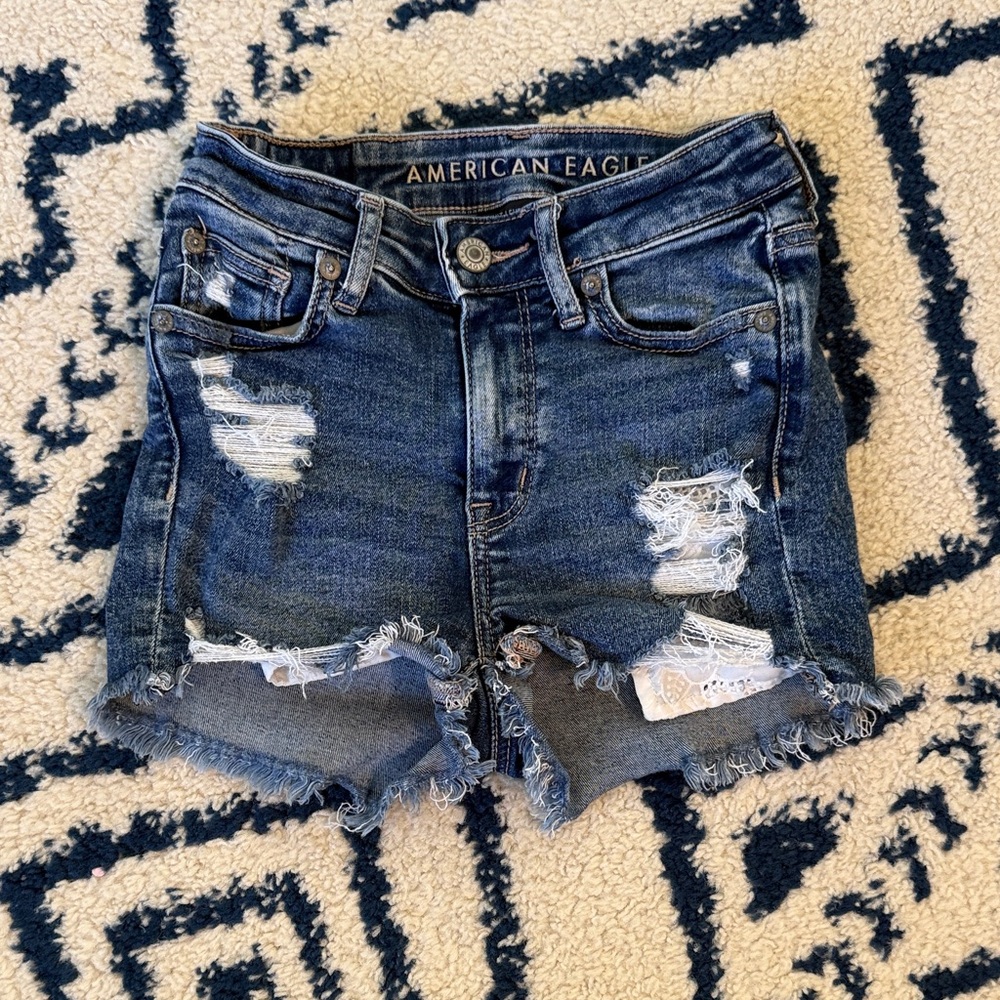 American Eagle Outfitters Ripped Jean Shorts - Dark Blue